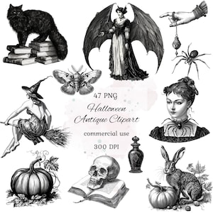 Antigo pacote de clipart de halloween png, vintage halloween, ilustração vintage, coisas efêmeras vintage, bruxa, crânios, uso comercial, scrapbooking