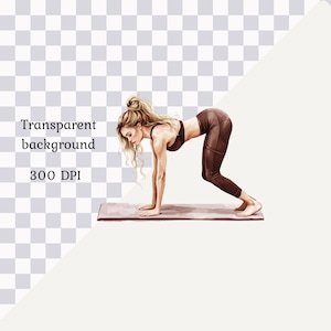 May include: A woman in a brown sports bra and leggings is doing a yoga pose on a light brown mat. She has long blonde hair and is looking down at the mat.
