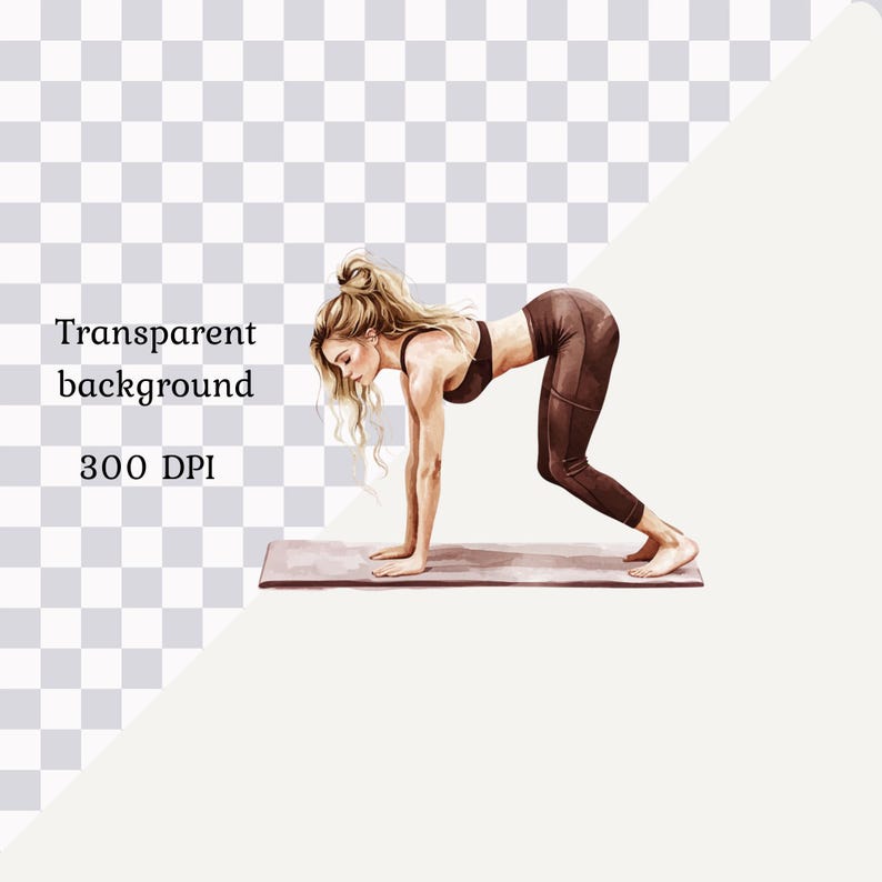 May include: A woman in a brown sports bra and leggings is doing a yoga pose on a light brown mat. She has long blonde hair and is looking down at the mat.
