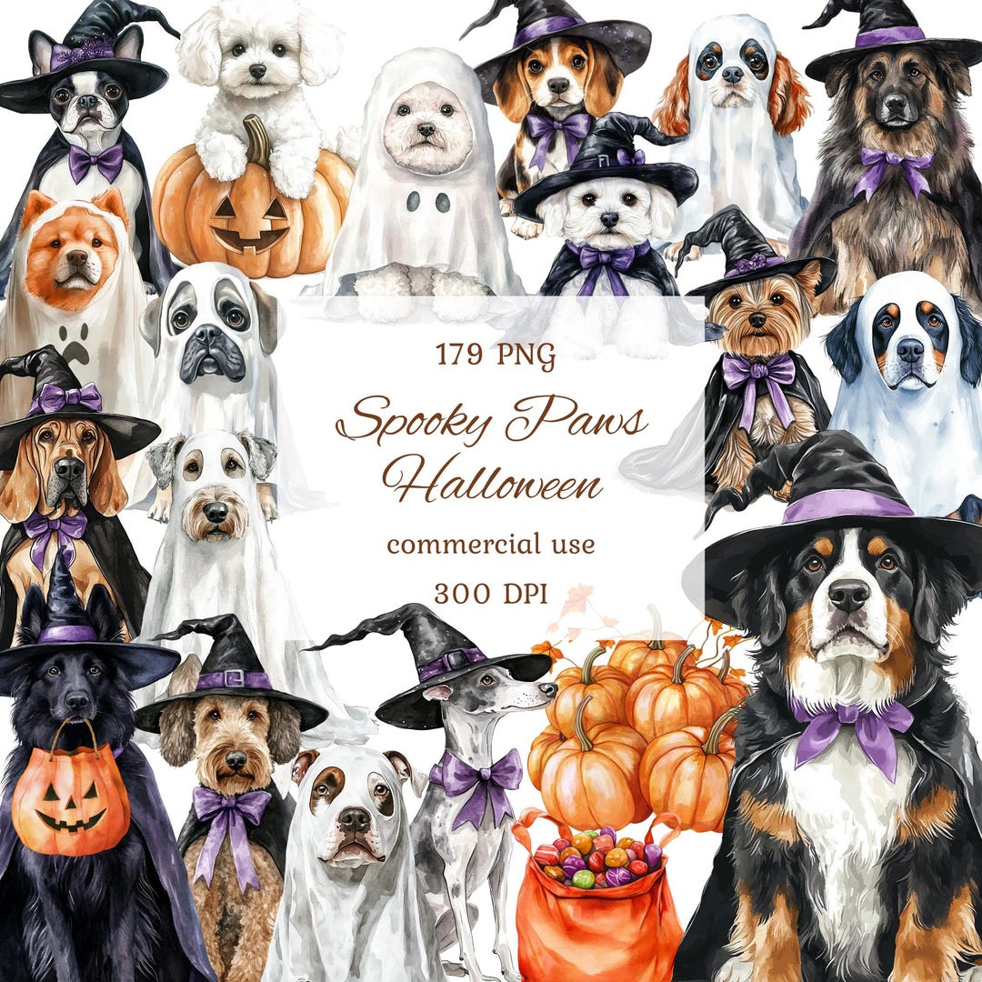 Watercolor Cute Halloween Dogs Clipart Png Bundle, Ghost Dogs in ...