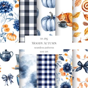 May include: A collection of watercolor seamless patterns with an autumn theme. The patterns include blue pumpkins, floral designs, gingham, and a sleeping cat with a cup of coffee. The text reads "10 JPG MOODY AUTUMN seamless patterns 300 DPI."