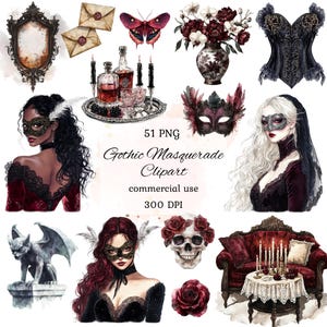 Bundle png aquarelle mascarade gothique, clipart fleur gothique, thème mascarade, mascarade rouge, bal masqué, scrapbooking
