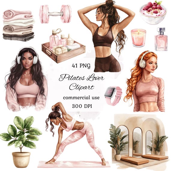 Watercolor pilates clipart png bundle, pink pilates, fitness clipart, gym girl clipart, cute pilates lover, commercial use, scrapbooking