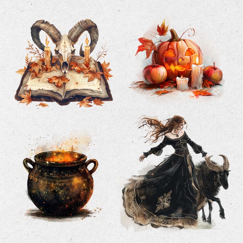 Samhain watercolor clipart png bundle, celtic neopagan wiccan clipart, witchcraft, witch clipart, commercial use, scrapbooking, junk journal image 7