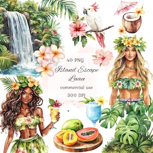 Watercolor hawaiian luau clipart png bundle, tiki clipart, summer clipart, luau party, tropical flowers, aloha, hula girl, scrapbooking