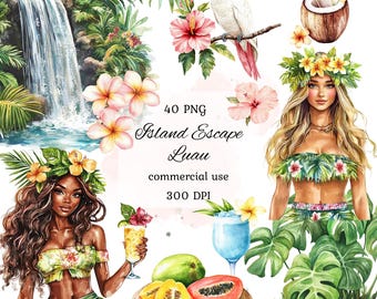 Può includere: Illustrazione ad acquerello di una scena di luau su un'isola tropicale con due donne che indossano ghirlande di fiori, un pappagallo, una cascata e frutti tropicali. Il testo "40 PNG Island Escape Luau commercial use 300 DPI" è incluso nell'immagine.