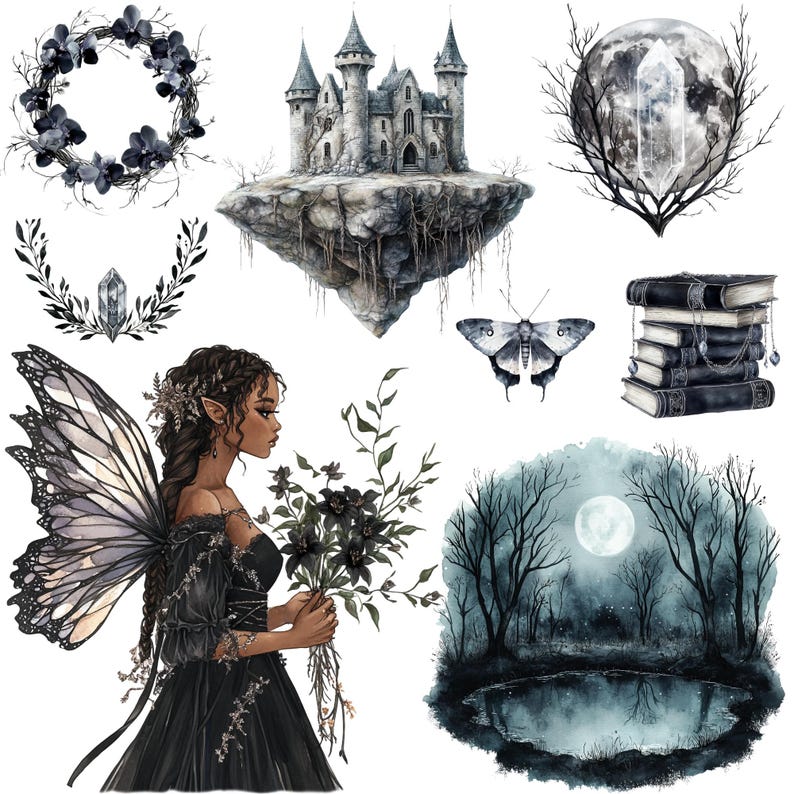 Watercolor Dark Fairy Clipart Png Bundle, Black Fairy Tale, Gothic ...