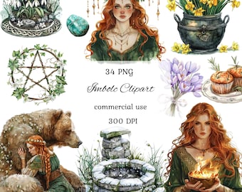 Imbolc akwarela clipart png pakiet, imbolc clipart, celtycki neopogański wiccan clipart, czary, grafika ai, użycie komercyjne, scrapbooking