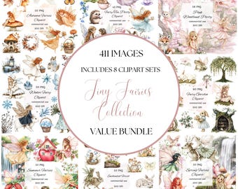 Op de afbeelding: Een digitale kunstcollectie met aquarel illustraties van feeën, seizoenselementen en bosscènes. De set bevat 411 afbeeldingen in 8 clipart sets, met de tekst "Tiny Fairies Collection Value Bundle". Elke afbeelding is 300 DPI.