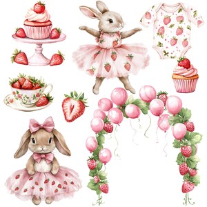 K&ouml;nnte beinhalten: Aquarell-Illustration mit einem Hasen in einem rosa, mit Erdbeeren verzierten Kleid, Cupcakes, einer Teetasse mit Erdbeeren und einem Baby-Body mit Erdbeermustern. Rosa Ballons und Erdbeeren vervollst&auml;ndigen das Design.