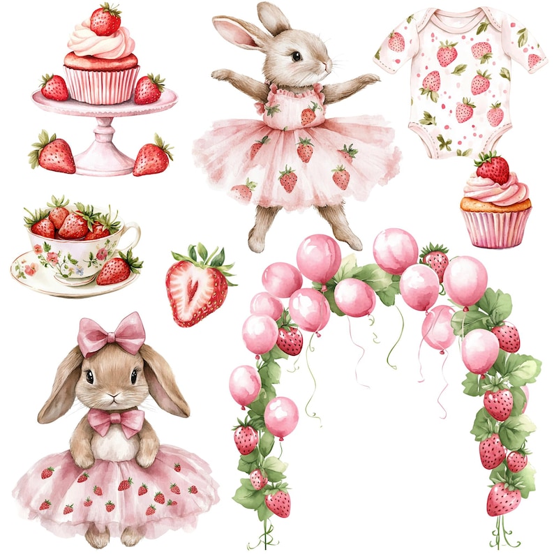 K&ouml;nnte beinhalten: Aquarell-Illustration mit einem Hasen in einem rosa, mit Erdbeeren verzierten Kleid, Cupcakes, einer Teetasse mit Erdbeeren und einem Baby-Body mit Erdbeermustern. Rosa Ballons und Erdbeeren vervollst&auml;ndigen das Design.