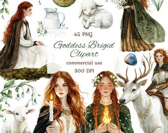 Zestaw akwarelowych clipartów Brigid w formacie PNG, ołtarz bogini Brigid, koło roku, dziennik Imbolc, scrapbooking