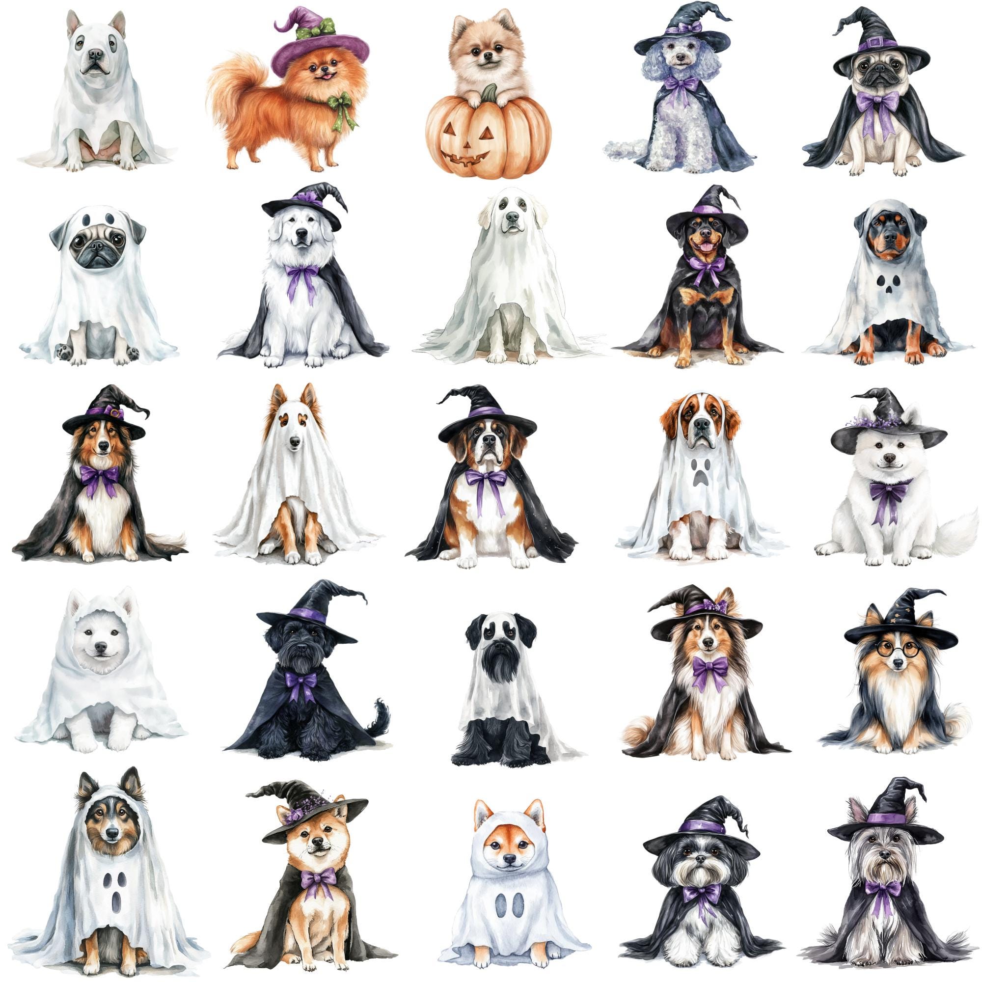 Watercolor Cute Halloween Dogs Clipart Png Bundle, Ghost Dogs in ...