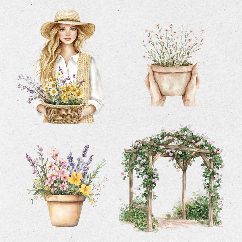 May include: A watercolor illustration of a woman holding a basket of flowers, a potted plant with white flowers, a potted plant with pink and yellow flowers, and a wooden trellis covered in vines with pink flowers.