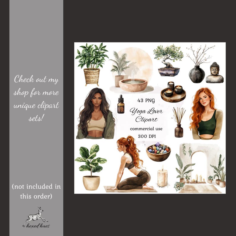 May include: A set of 43 digital clipart images featuring yoga poses, women, plants, and other wellness-themed elements. The images are in a watercolor style and are perfect for creating digital products, social media graphics, and more.