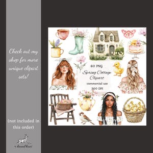 May include: A set of 60 digital clipart images featuring a cottage, flowers, ducks, teacups, a woman with red hair, a woman with dark hair, a bird, a basket of chicks, and a cake. The clipart is in a watercolor style and is perfect for spring-themed projects.