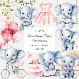 Bundle di clipart png con elefanti rosa ad acquerello, clipart per baby shower con elefante, clipart per palloncini con elefante, cucciolo di elefante femmina, elefante carino