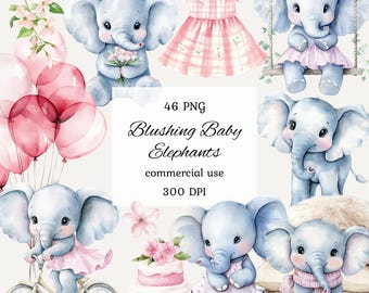 Watercolor pink baby elephants clipart png bundle, elephant baby shower clipart, elephant balloon clipart, girl elephant baby, cute elephant