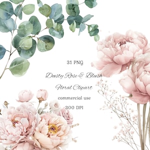 Bundle png de clipart floral rose poudré, clipart floral aquarelle pastel blush, clipart rose blush, clipart mariage, usage commercial