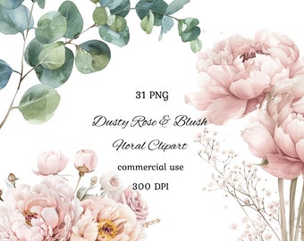 Dusty rose floral clipart png bundle, pastel watercolor blush floral clipart, blush pink clipart, wedding clipart, commercial use