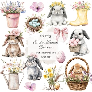 Watercolor easter bunny garden clipart png bundle, baby bunny clipart, bunny and flowers clipart, cute bunny rabbits, scrapbooking