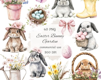 Watercolor easter bunny garden clipart png bundle, baby bunny clipart, bunny and flowers clipart, cute bunny rabbits, scrapbooking