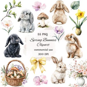 Watercolor spring bunny clipart png bundle, easter bunny clipart, floral bunnies, bunny and flowers clipart, spring elements, scrapbooking
