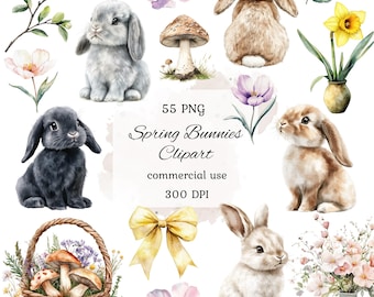 Aquarell Osterhasen Clipart, Osterhase Clipart, Frühlingsbote, Hase und Blumen Clipart, Frühlingselemente, Scrapbooking