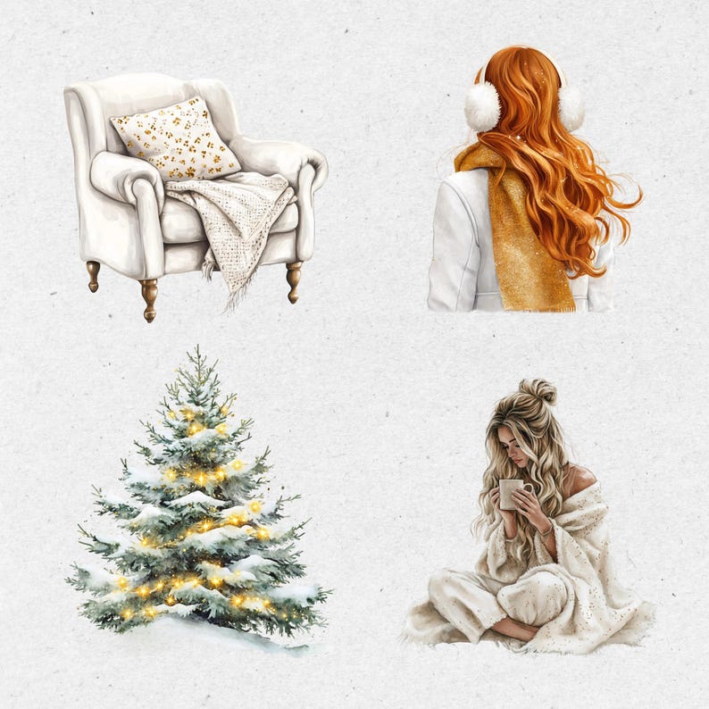 Gold Christmas Clipart Png Bundle, Watercolor Winter Clipart, Gold