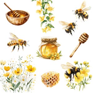 May include: Watercolor illustration of honey bees, honeycombs, honey jars, and yellow flowers. The illustration is on a white background.