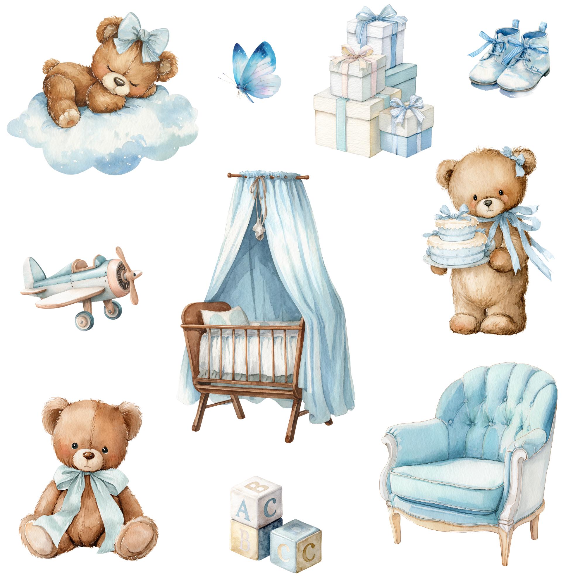 Watercolor Blue Teddy Bear Clipart Png Bundle, Baby Teddy Bear Blue ...