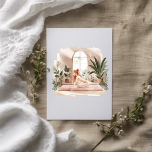 May include: A watercolor illustration of a woman practicing yoga in a sunlit room with a large window and potted plants. The woman is wearing a light-colored outfit and is in a seated pose with her legs crossed. The room is decorated with a light brown wall and a light brown floor.