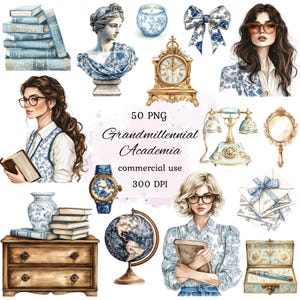 Grandmillennial academia clipart png-bundel, chinoiserie-clipart, aquarel grandmillennial leraar clipart, vintage png, scrapbooking