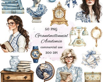 May include: A collection of 50 digital illustrations in PNG format, featuring a vintage aesthetic. The illustrations include a bust of a woman, a clock, a globe, books, a vase, a phone, a mirror, a watch, envelopes, a jewelry box, and two women wearing blue and white patterned dresses. The text "Grandmillennial Academia" is included in the image.