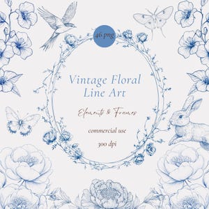 May include: A digital illustration featuring a vintage floral line art design. The image includes a central oval frame with delicate blue flowers, butterflies, a bird, and a rabbit. Text includes "Vintage Floral Line Art" and "Elements & Frames".
