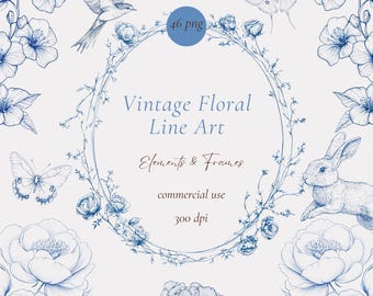 Barokke lijnkunst bloemen clipart png, blauwe chinoiserie, vintage embleem, barokke lijsten huwelijksuitnodiging