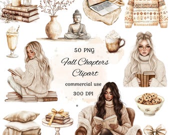 Cozy autumn reading clipart png bundle, watercolor neutral illustration, autumn planner, book lover clipart, cottagecore, commercial use