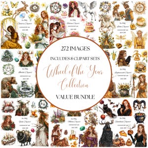 Watercolor wheel of the year clipart png bundle, witch clipart, neopagan celtic wiccan clipart, spring equinox, pagan holiday commercial use