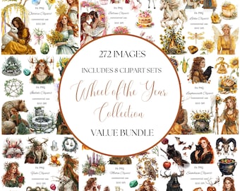 Watercolor wheel of the year clipart png bundle, witch clipart, neopagan celtic wiccan clipart, spring equinox, pagan holiday commercial use