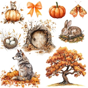 May include: Watercolor illustrations of autumn-themed elements. Includes a pumpkin with a mouse, an orange bow, a pumpkin, a moth, a nest with eggs, a hobbit door, a sleeping rabbit, a wolf, and a tree with orange leaves.