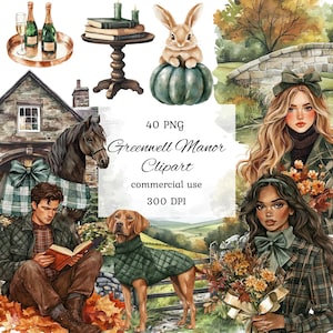 Könnte beinhalten: Aquarell-Cliparts mit Herbstmotiven. Enthält einen Hasen auf einem Kürbis, ein Pferd, einen Hund im Pullover, einen lesenden Mann und zwei Frauen. Der Text lautet "Greenwell Manor Clipart" und "40 PNG, commercial use, 300 DPI."