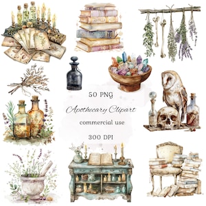 Apotheek aquarel clipart png bundel, apotheker kabinet clipart, hekserij, boho clipart, drankje flessen, commercieel gebruik, scrapbooking