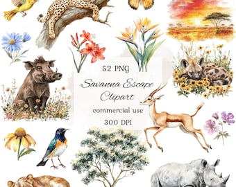 Watercolor safari animals clipart png bundle, african savanna, safari baby shower, wild savanna animal, wildlife clipart, scrapbooking