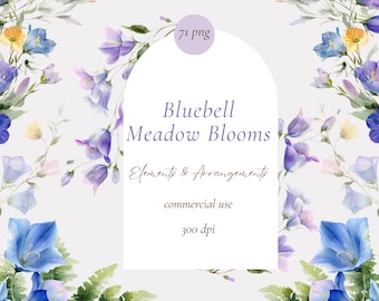 Watercolor bluebell flower clipart png bundle, pink wildflower border, wedding invitation, floral crests, bouquets, digital download