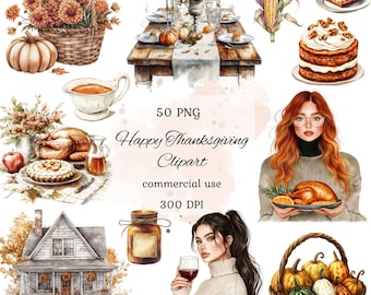 May include: A set of 50 Thanksgiving clipart images, featuring a variety of autumnal elements, including a table setting, a house, a woman with a glass of wine, a woman holding a roasted turkey, a basket of pumpkins, a cake, a pie, a gravy boat, a candle, and a corn cob. The clipart is perfect for creating Thanksgiving-themed crafts, cards, and invitations.