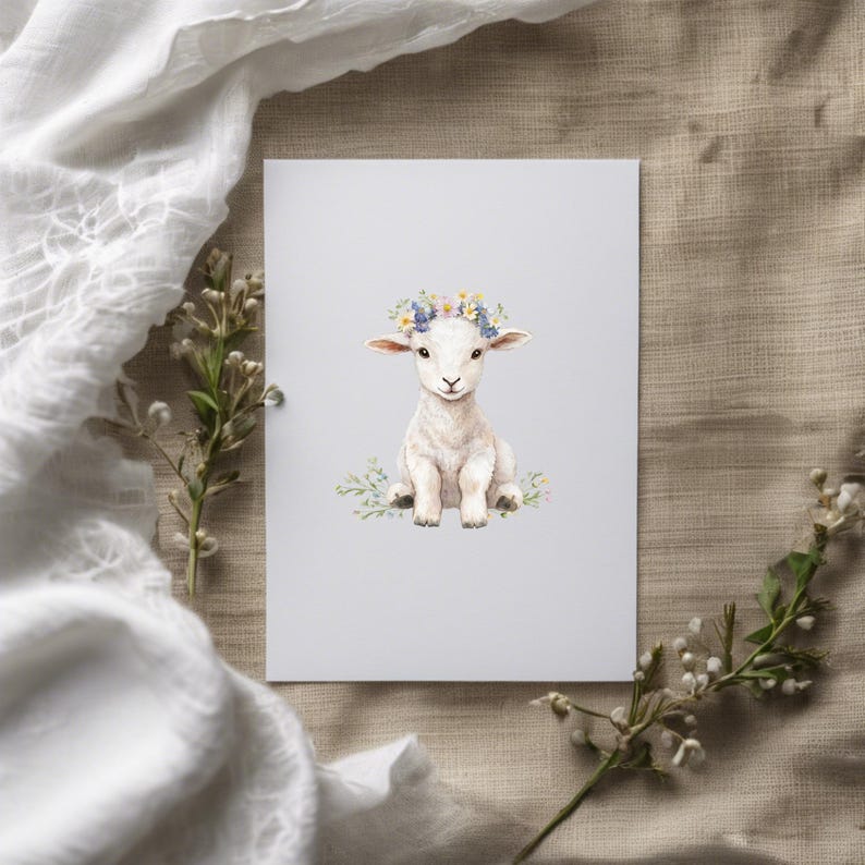 May include: A watercolor illustration of a white lamb wearing a flower crown. The lamb is sitting on a light gray background with green leaves and flowers.