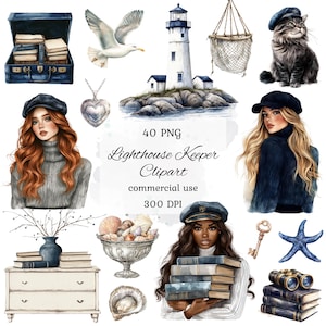 Paquete de imágenes prediseñadas de guardián del faro de acuarela, imágenes prediseñadas de faro, imágenes prediseñadas marinas, náuticas, faro de acuarela png, álbum de recortes