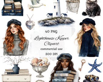 Watercolor lighthouse keeper clipart png bundle, lighthouse clipart, marine clipart, nautical, watercolor lighthouse png, scrapbooking