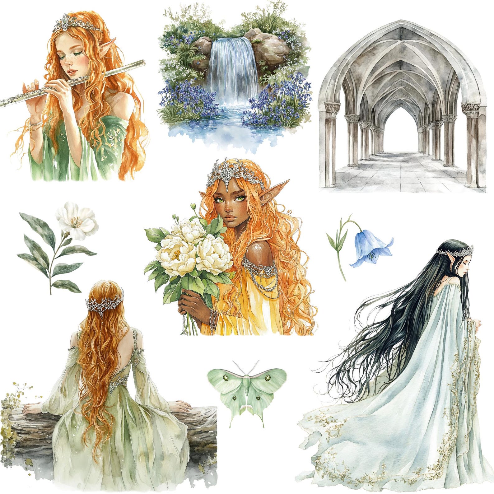Watercolor Elven Forest Clipart , Fantasy Elves, Elven Princess ...