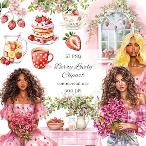 Bundle aquarelle fraise clipart png, fille aux fraises, dessert aux fraises, clipart doux aux baies, anniversaire aux fraises, scrapbooking